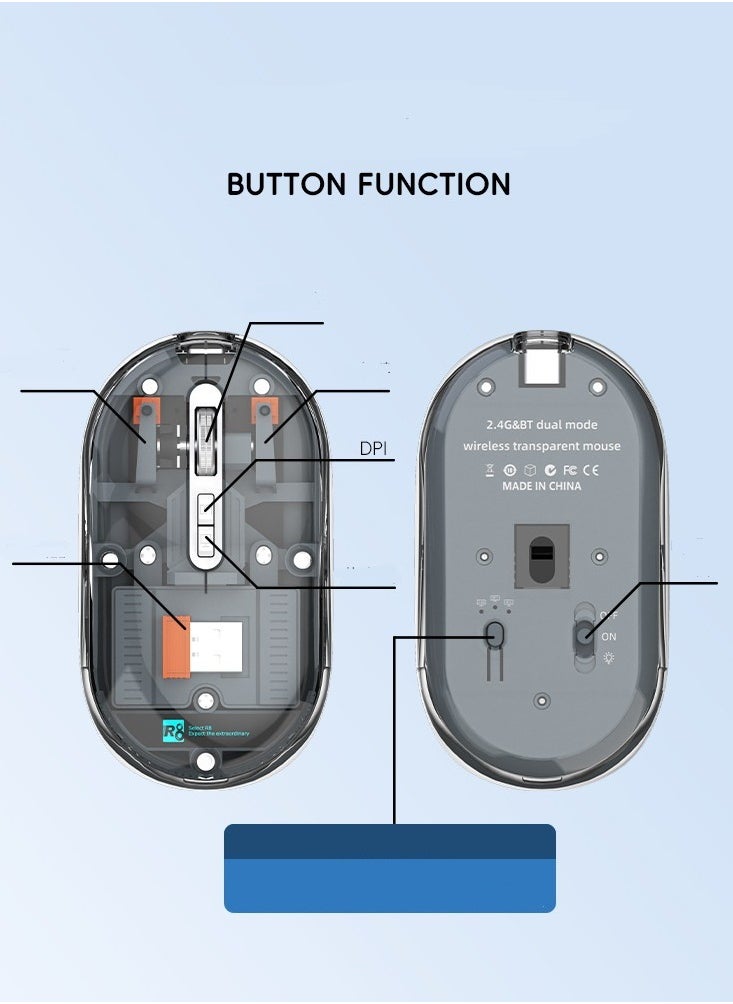 R8 - R8 1766 Rechargeable Transparent Dual-Mode Mouse – Bluetooth / 2.4G Wireless Connection – Silent Clik – 6D – Power Saving on/off button – 1600DPI – 500mAh – For Office Business - Image 1