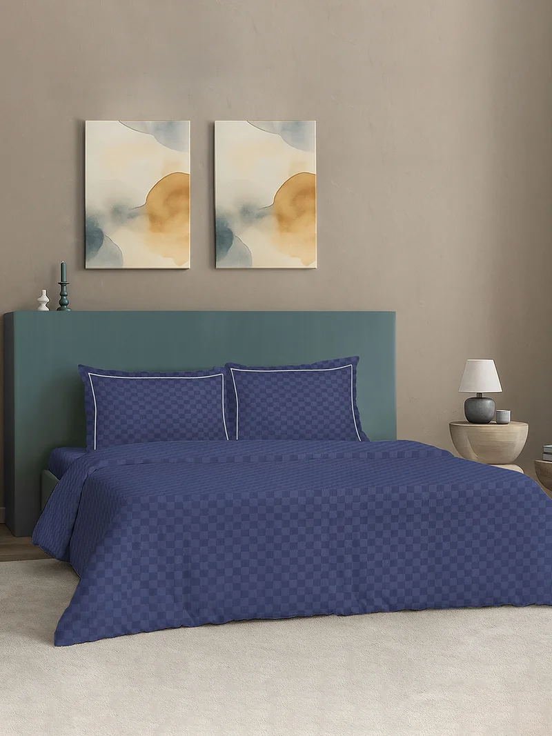 مالبيري ليفينج 100% Cotton Queen Duvet Cover - 300 TC Urban Grid (Checks). Width 240 x Length 220cms - Mediterranean Blue