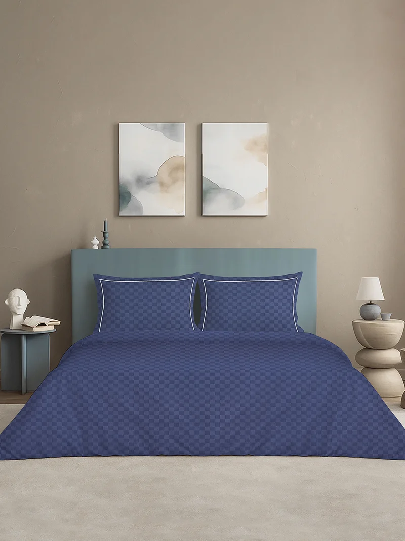 مالبيري ليفينج 100% Cotton Queen Duvet Cover - 300 TC Urban Grid (Checks). Width 240 x Length 220cms - Mediterranean Blue
