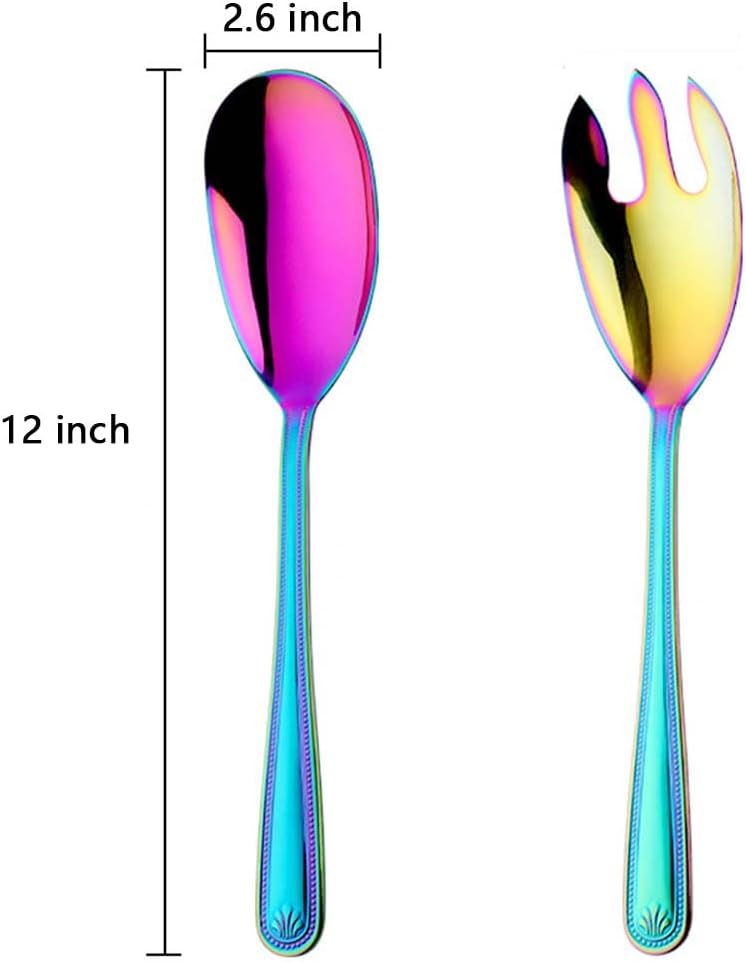 MBBITL Large Salad Servers Set 12" Long Serving Spoon Fork 18/10 Stainless Steel - Rainbow - Image 1