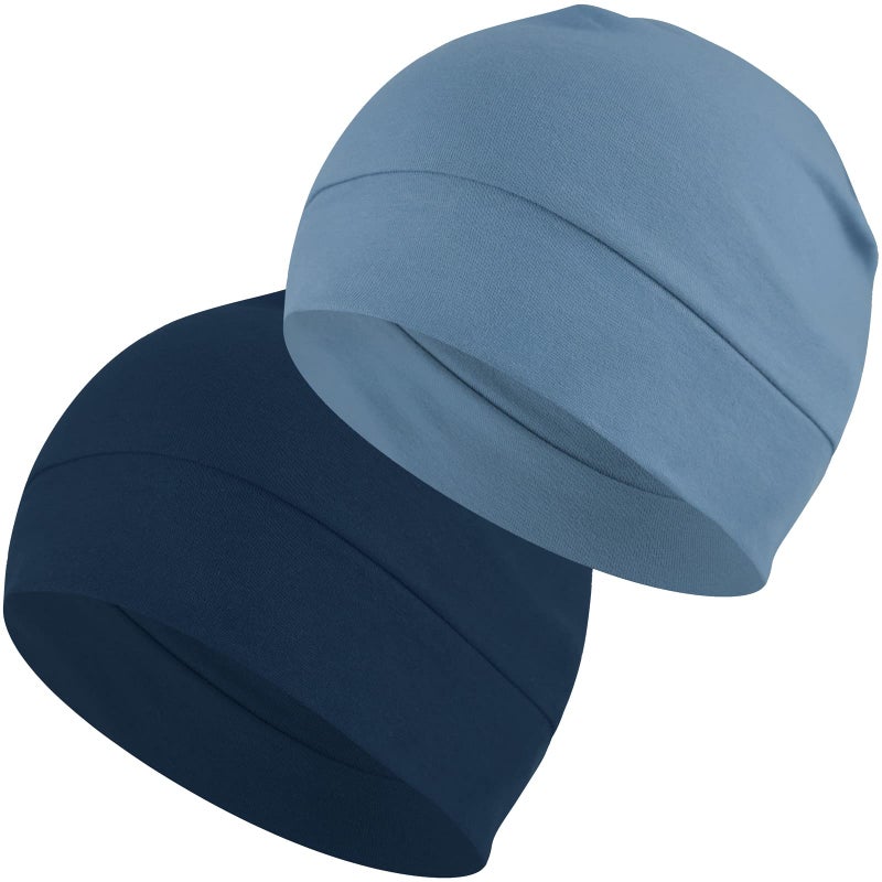 Headshion Cotton Skull Caps for Men Women,2-Pack Lightweight Beanie Sleep Hats Breathable Helmet Liner Navy Blue,Denim Blue - Image 1