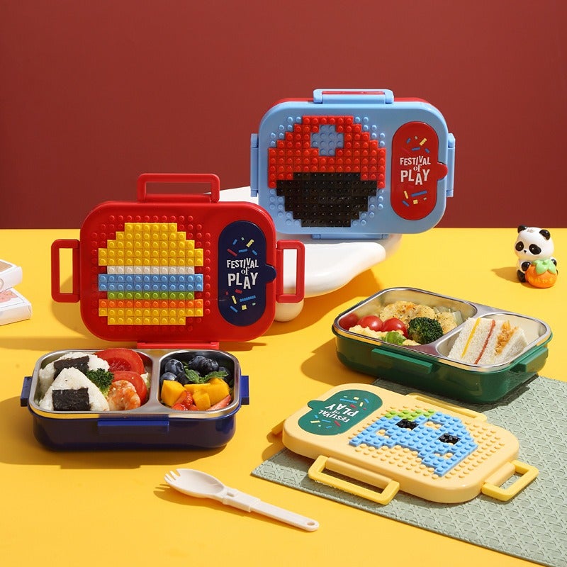 304 Stainless Steel Lunch Box for Office Workers and Children DIY Building Block Lunch Box Portable Fruit Bento Box with Cutlery Spoon Set - Image 1