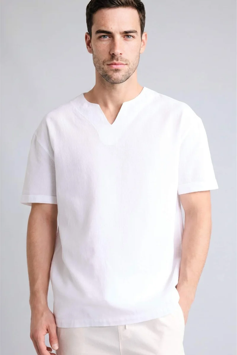 DeFacto Regular Fit V-Neck Cotton Short Sleeve Shirt