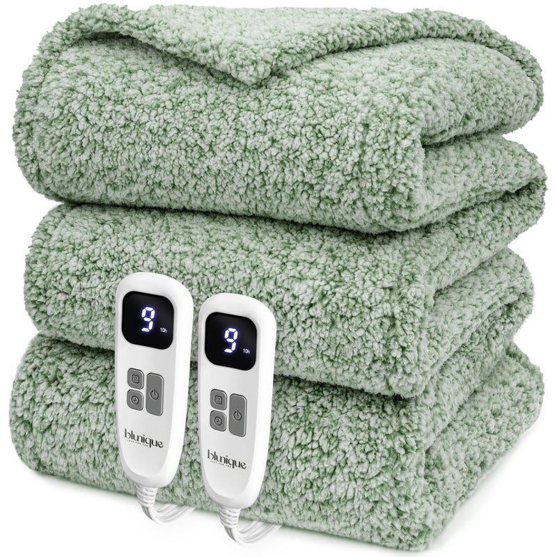 blunique Heated Blanket Electric Blanket Queen Fast Heating Blanket Throw Dual Control Double Sided Sherpa with 6 Heating Levels 110 Hours Auto Off Mashine Washable 84 x 90 Inches Sage