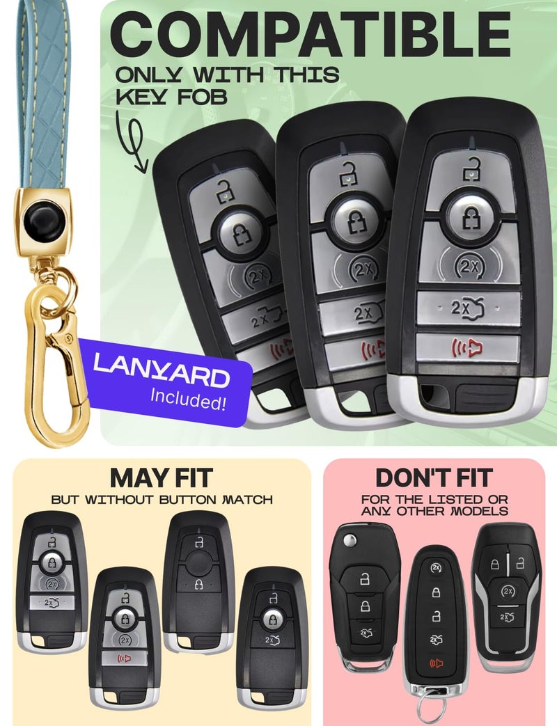 Lucrum Compatible with Ford Key Fob Cover & Leather Keychain, Keyfob Case for Bronco Explorer Edge Escape Expedition Fusion F150 F250 F350 F450, For 5 Button Remote (2018-2025) - White and Gold - Image 2