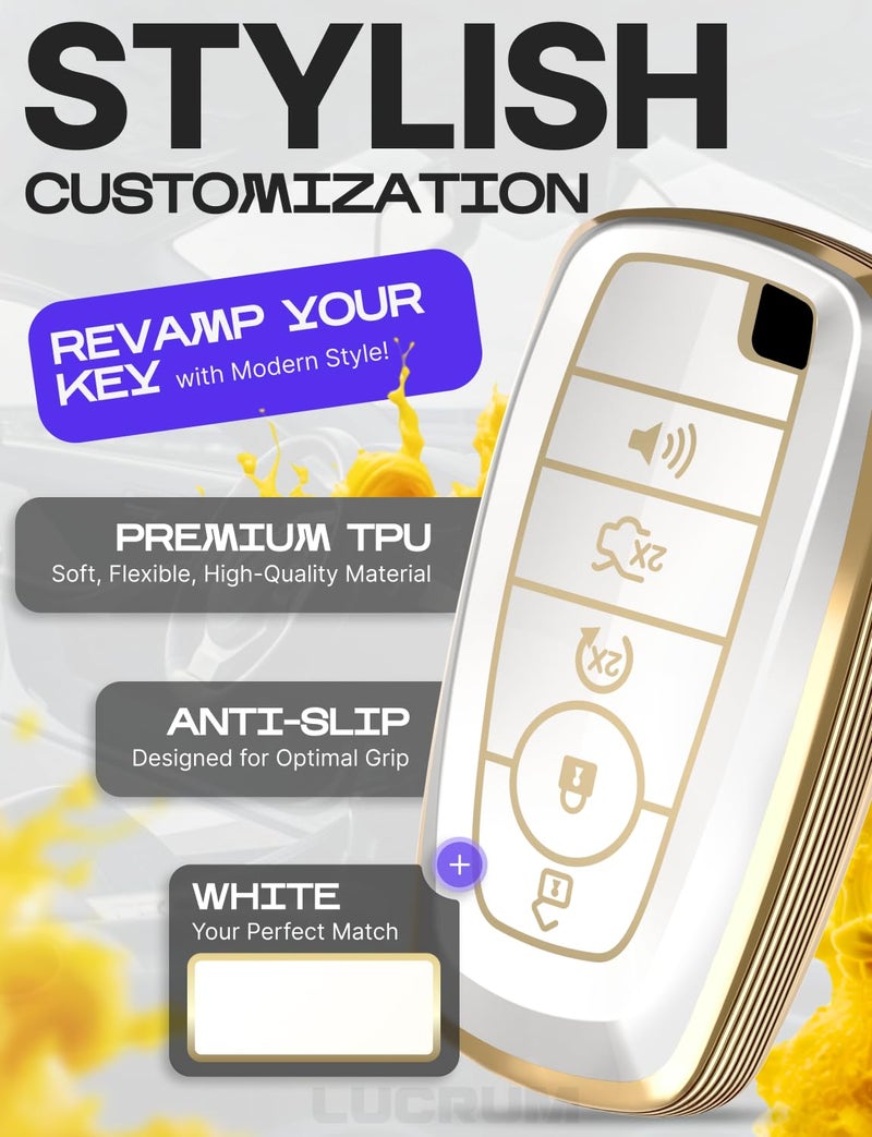 Lucrum Compatible with Ford Key Fob Cover & Leather Keychain, Keyfob Case for Bronco Explorer Edge Escape Expedition Fusion F150 F250 F350 F450, For 5 Button Remote (2018-2025) - White and Gold - Image 3