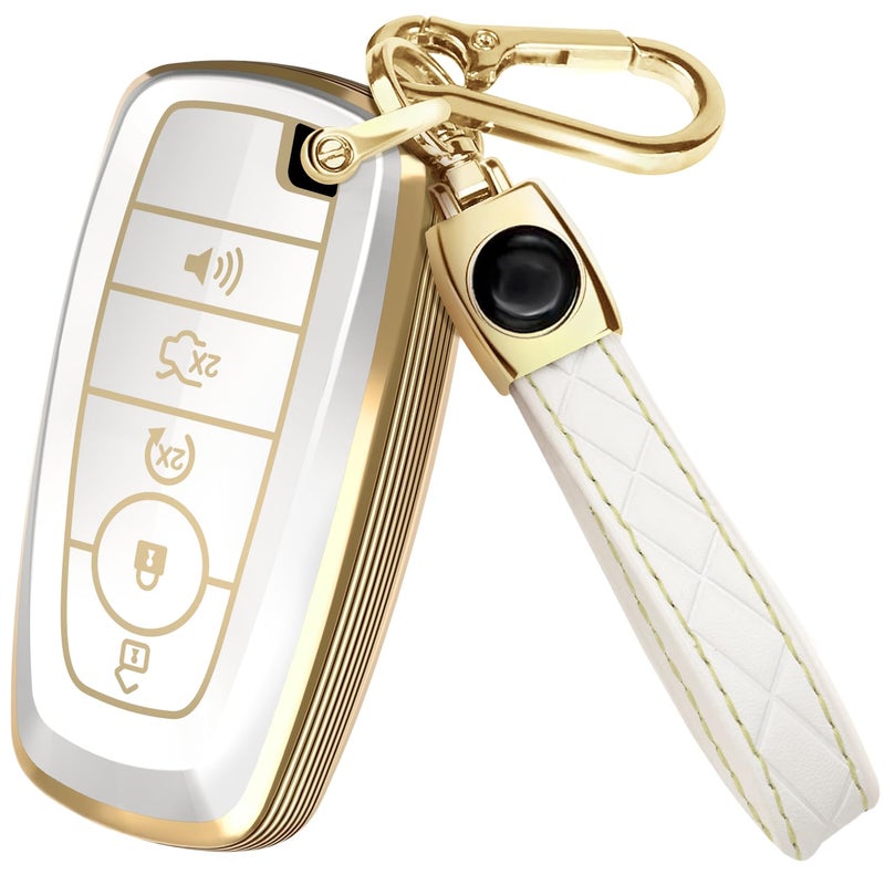 Lucrum Compatible with Ford Key Fob Cover & Leather Keychain, Keyfob Case for Bronco Explorer Edge Escape Expedition Fusion F150 F250 F350 F450, For 5 Button Remote (2018-2025) - White and Gold - Image 1