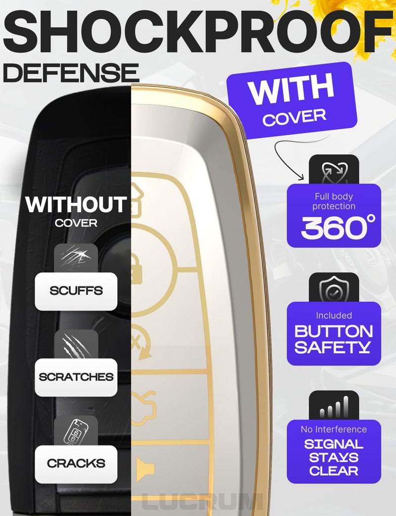 Lucrum Compatible with Ford Key Fob Cover & Leather Keychain, Keyfob Case for Bronco Explorer Edge Escape Expedition Fusion F150 F250 F350 F450, For 5 Button Remote (2018-2025) - White and Gold - Image 4