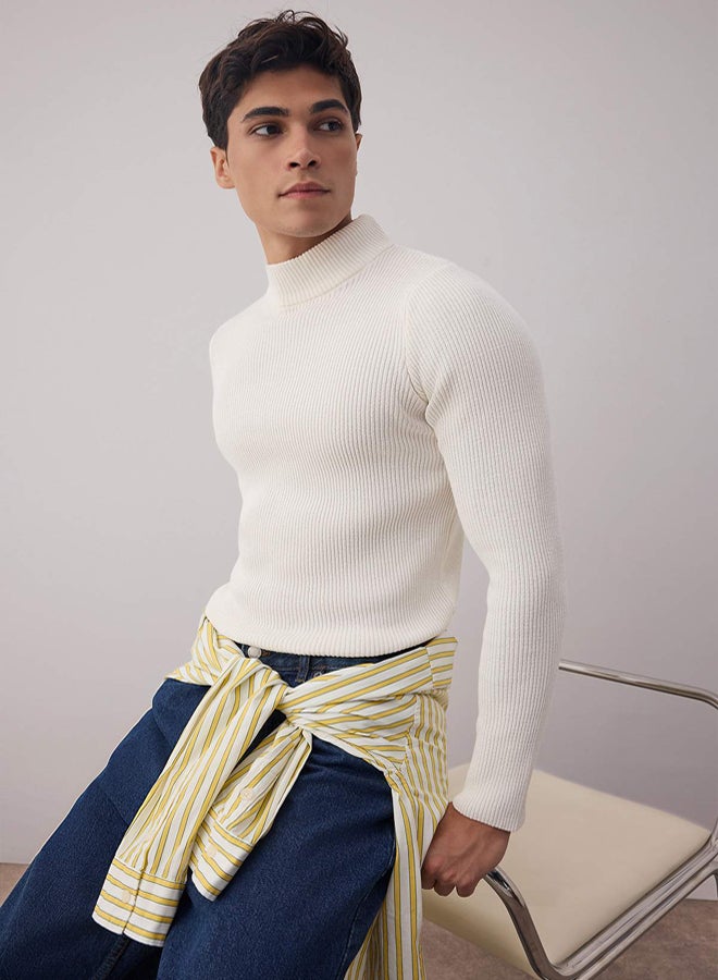 trendyol Ecru Slim Fit Cotton Half Turtleneck Ribbed Knit Sweater - Image 2