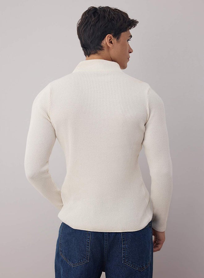 trendyol Ecru Slim Fit Cotton Half Turtleneck Ribbed Knit Sweater - Image 4