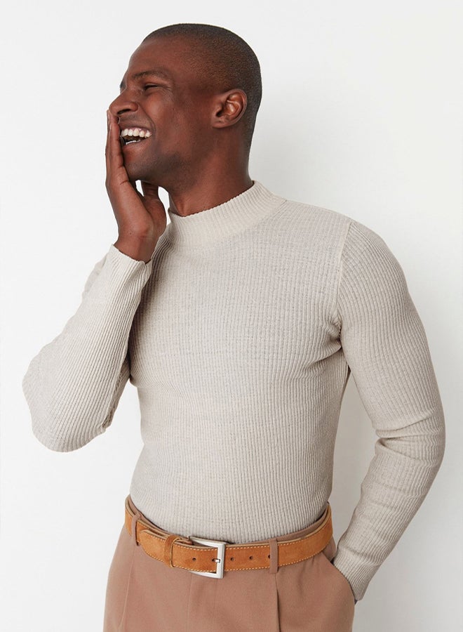 trendyol Ecru Slim Fit Cotton Half Turtleneck Ribbed Knit Sweater - Image 5