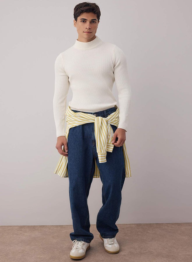 trendyol Ecru Slim Fit Cotton Half Turtleneck Ribbed Knit Sweater - Image 1