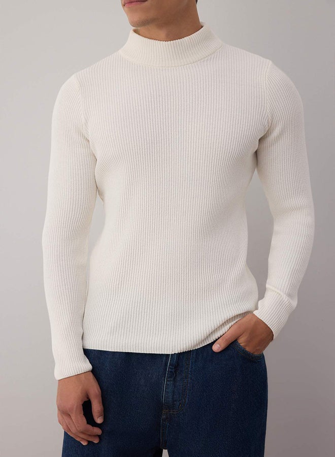 trendyol Ecru Slim Fit Cotton Half Turtleneck Ribbed Knit Sweater - Image 3