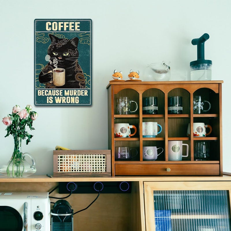 tosles Vintage Cat Coffee Metal Tin Sign Cats Kitchen Signs Wall Decor Funny Retro Black Cat Wall Art Poster Coffee Bar Accessories Because Murder Is Wrong Sign 8x12 Inch - Image 2