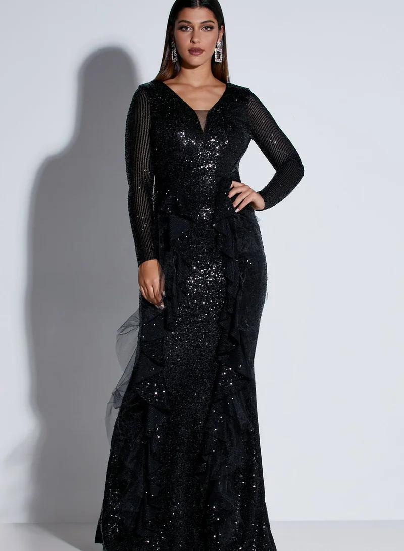 Khizana Ruffle Sequin Maxi Dress