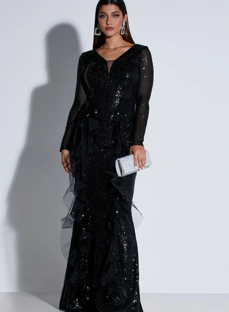 Khizana Ruffle Sequin Maxi Dress