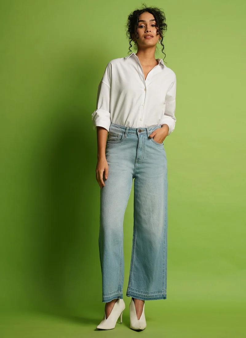 globus Globus Women Wide Leg Mid-Rise Clean Look Heavy Fade Pure Cotton Non Stretchable Jeans