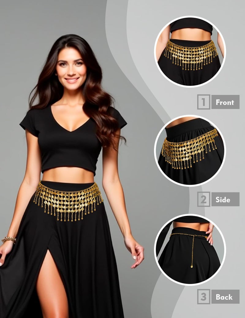 MOLFUJ Belly Dancing Skirt Hip Scarf with Coins, Coin Belt and Fringe Accessory for Belly Dancer Outfits, Halloween Costume, Women's Performance and Parties - Image 3