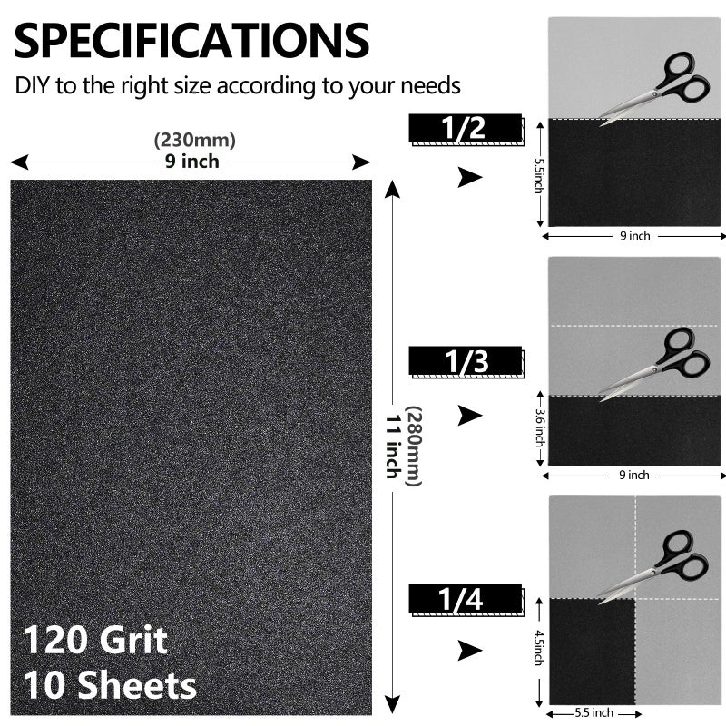 Shineboc 120 Grit Sandpaper, 9 x 11 Inch Wet Dry Sand Paper Hand Abrasive Sanding Sheets for Wood Metal Automotive Sanding and Polishing, Coarse - 10 Sheets - Image 2