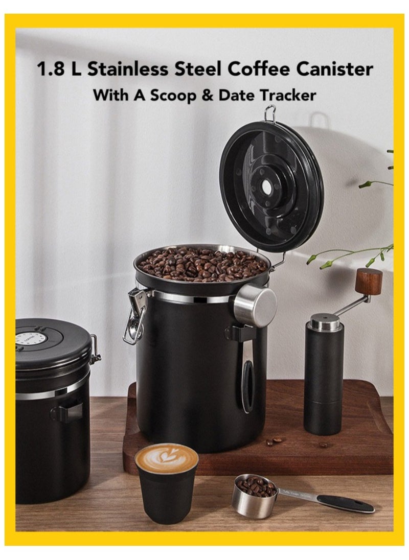 Oasis Casa - 1.8 L Airtight Canister Kitchen Container, Vacuum Storage Jar with Scoop & Date Tracker, Food Storage Jar for Coffee, Tea, Milk Powder, Spice, Cereal, Flour, Sugar, Candy - Black, Stainless Steel - Image 1