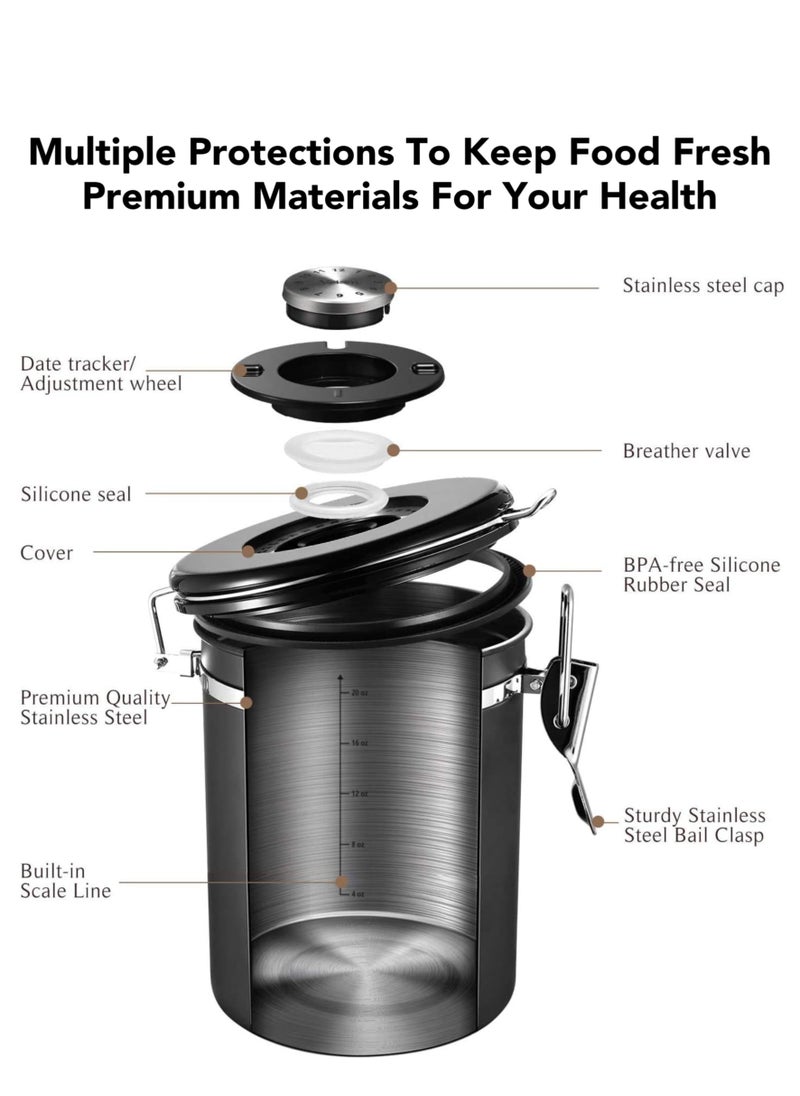 Oasis Casa - 1.8 L Airtight Canister Kitchen Container, Vacuum Storage Jar with Scoop & Date Tracker, Food Storage Jar for Coffee, Tea, Milk Powder, Spice, Cereal, Flour, Sugar, Candy - Black, Stainless Steel - Image 1