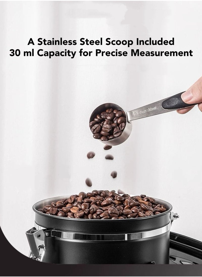 Oasis Casa - 1.8 L Airtight Canister Kitchen Container, Vacuum Storage Jar with Scoop & Date Tracker, Food Storage Jar for Coffee, Tea, Milk Powder, Spice, Cereal, Flour, Sugar, Candy - Black, Stainless Steel - Image 1