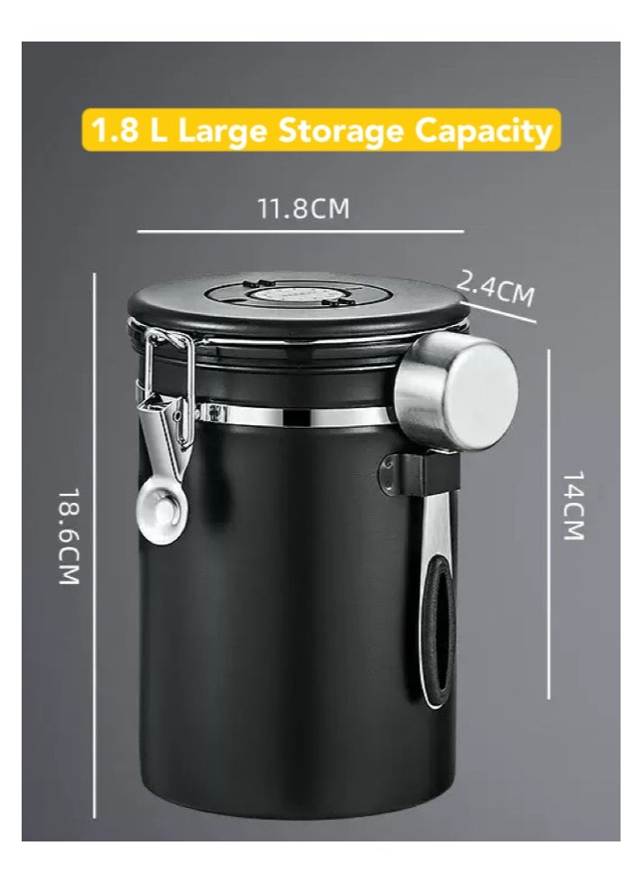 Oasis Casa - 1.8 L Airtight Canister Kitchen Container, Vacuum Storage Jar with Scoop & Date Tracker, Food Storage Jar for Coffee, Tea, Milk Powder, Spice, Cereal, Flour, Sugar, Candy - Black, Stainless Steel - Image 1