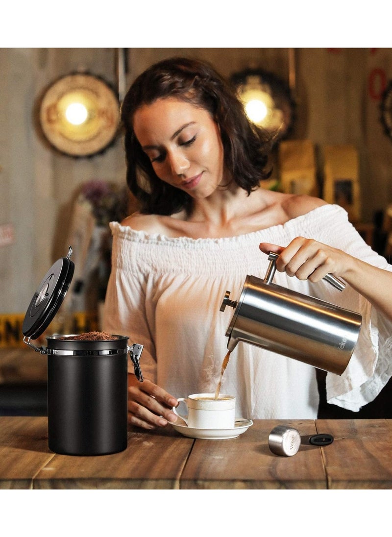 Oasis Casa - 1.8 L Airtight Canister Kitchen Container, Vacuum Storage Jar with Scoop & Date Tracker, Food Storage Jar for Coffee, Tea, Milk Powder, Spice, Cereal, Flour, Sugar, Candy - Black, Stainless Steel - Image 1