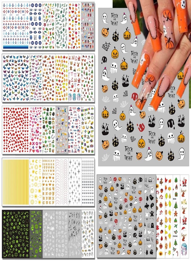 winthrop 36 Sheets All Holiday Nail Art Stickers, Mixed Season Nail Decals Set for All Year, Spring Summer 3D Self-Adhesive Colorful Pegatinas Uñas Daisy Butterfly 4th of July Halloween Christmas - Image 1