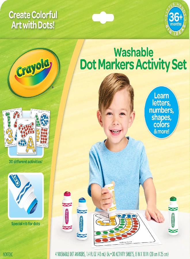 Crayola Washable Dot Markers Activity Set, 30 Toddler Coloring Pages & 4 Washable Markers, Dot Paints for Toddlers, Toddler Gifts, Ages 3+ - Image 1