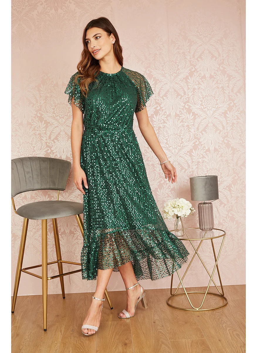 Yumi Sequin Angel Sleeve Midi Dress