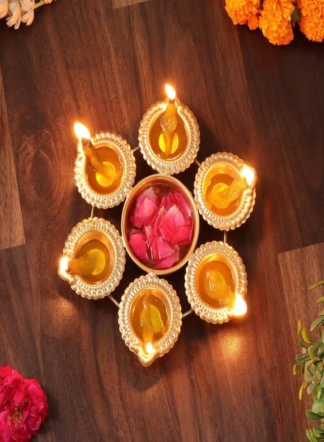 ZIG-ZAG Handcrafted Metal Urli Bowl with 6 Diyas for Floating Flowers & Tea Light Candles – Perfect for Home, Office, and Table Decor, Diwali & Christmas Decorations ( 7-Inch ) - Image 1