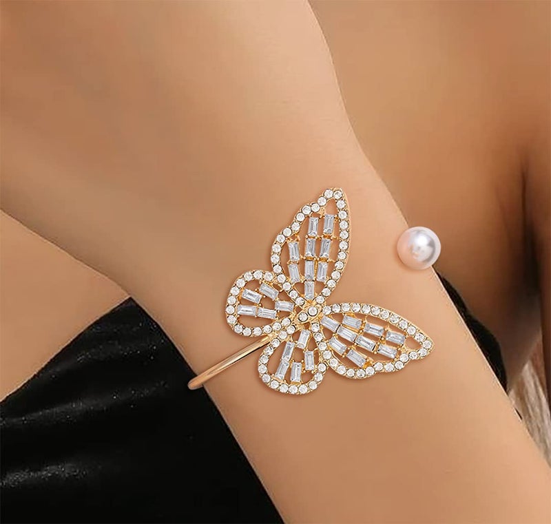 ELABEST Glitter Crystal Bracelet Rhinestone Bracelet Gold Dainty Hollow Bangle Wedding Bridal Bridesmaid Jewelry for Women (White Butterfly) - Image 4