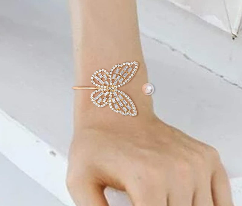ELABEST Glitter Crystal Bracelet Rhinestone Bracelet Gold Dainty Hollow Bangle Wedding Bridal Bridesmaid Jewelry for Women (White Butterfly) - Image 5