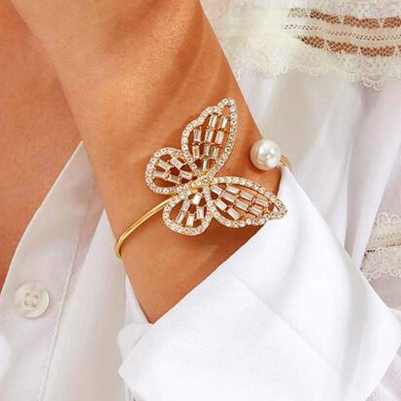 ELABEST Glitter Crystal Bracelet Rhinestone Bracelet Gold Dainty Hollow Bangle Wedding Bridal Bridesmaid Jewelry for Women (White Butterfly) - Image 1