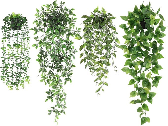 4PACK ARTIFICIAL HANGING PLANT WITH POTS REALISTIC GREEN PLANTS FLOWERS INDOOR OUTDOOR FAUX GREENERY FOR HOME DECORATION LIVING ROOM BEDROOM 4PACK HANGING