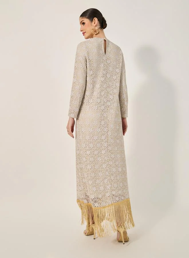 Styli lace fabric jalabiya with tassel tirms