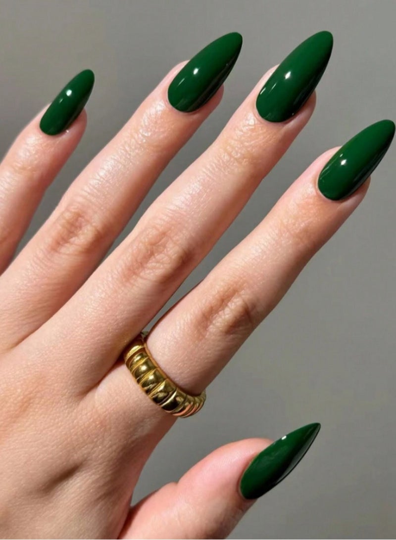 Generic 24pcs Glossy Dark Green Almond Press-On Nails – Reusable Artificial Nail Set with Mixed Sizes for Full DIY Manicure – Medium Length, Elegant Curved Shape for Everyday Wear & Special Occasions  - Image 1