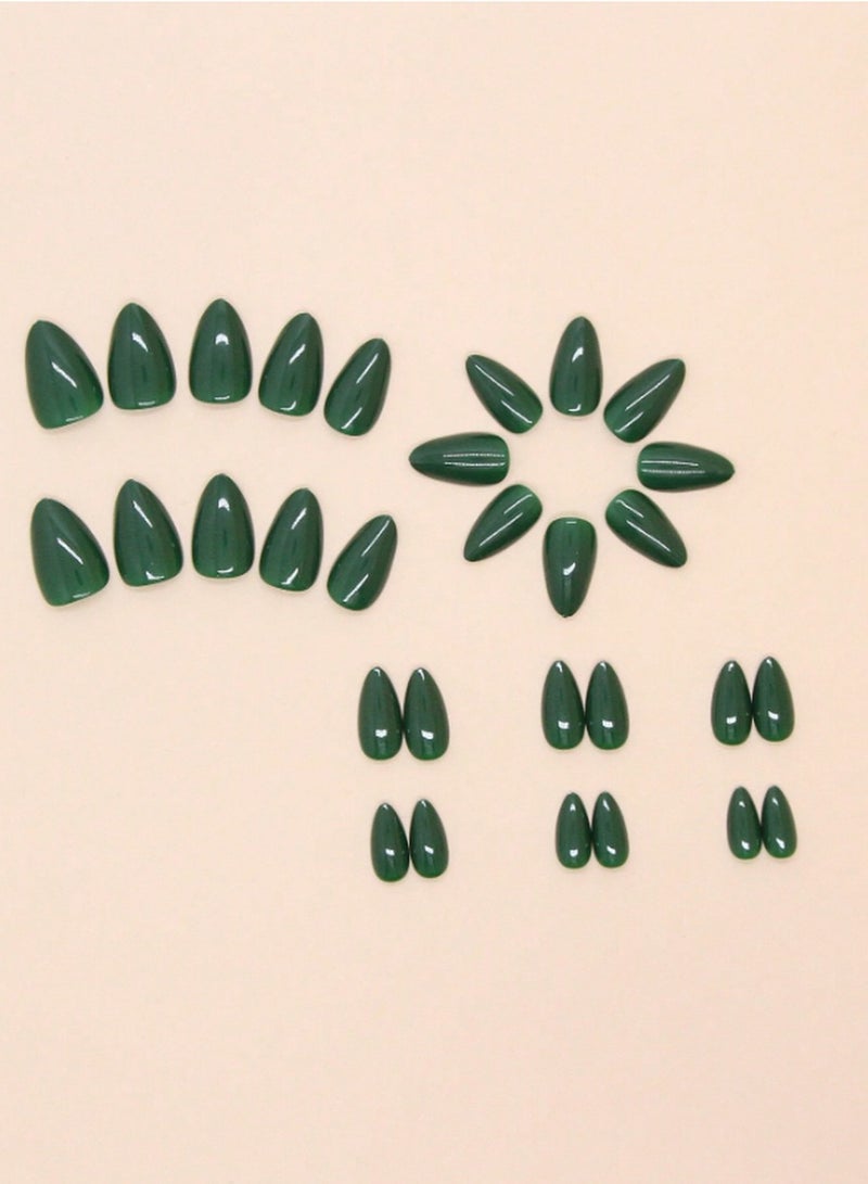 Generic 24pcs Glossy Dark Green Almond Press-On Nails – Reusable Artificial Nail Set with Mixed Sizes for Full DIY Manicure – Medium Length, Elegant Curved Shape for Everyday Wear & Special Occasions  - Image 3