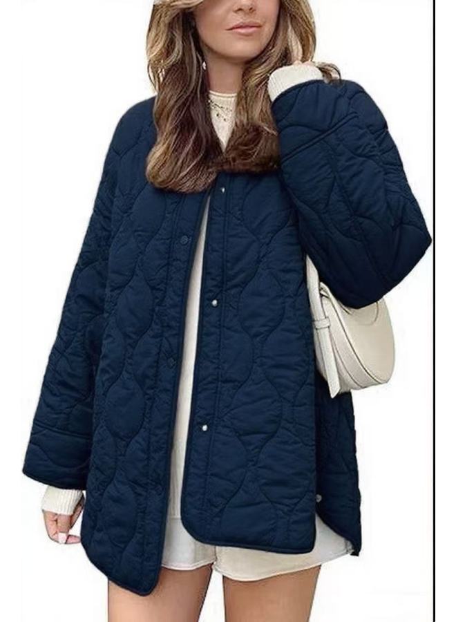 Women's Autumn And Winter New European And American Style Quilted Simple Solid Color Round Neck Loose Cotton Jacket