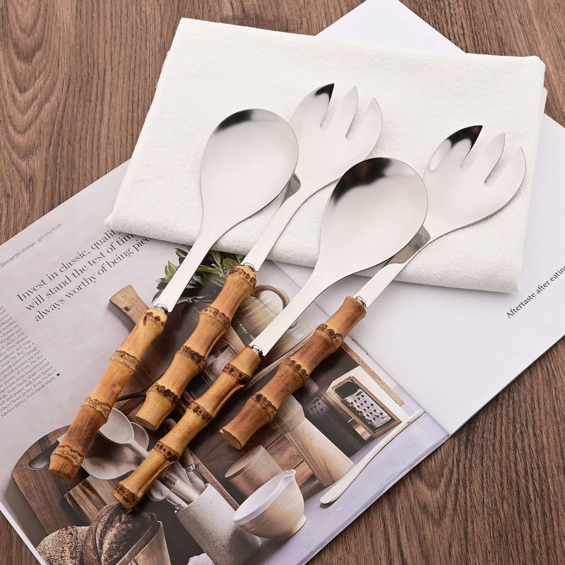 Uniturcky Serving Spoon and Fork Set, 304 Stainless Steel Serving Utensils with Natural Bamboo Handle, 10" Long Handle Serving Set for Kitchen Party Buffet, 4 Pieces / 2 of Each - Image 3