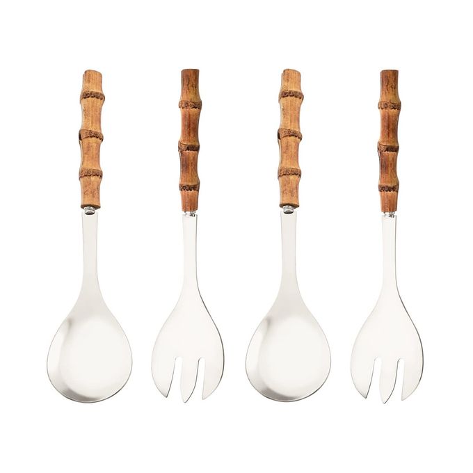 Uniturcky Serving Spoon and Fork Set, 304 Stainless Steel Serving Utensils with Natural Bamboo Handle, 10" Long Handle Serving Set for Kitchen Party Buffet, 4 Pieces / 2 of Each - Image 1