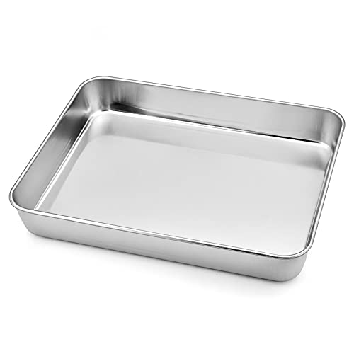 P&P CHEF 9.3 Inch Stainless Steel Sheet Cake Pan, Rectangular Baking Pan for Lasagna Brownie Meats, Cookie Tray Fits in Toaster Oven, Easy Clean & Heavy Duty (1Pc) - Image 1