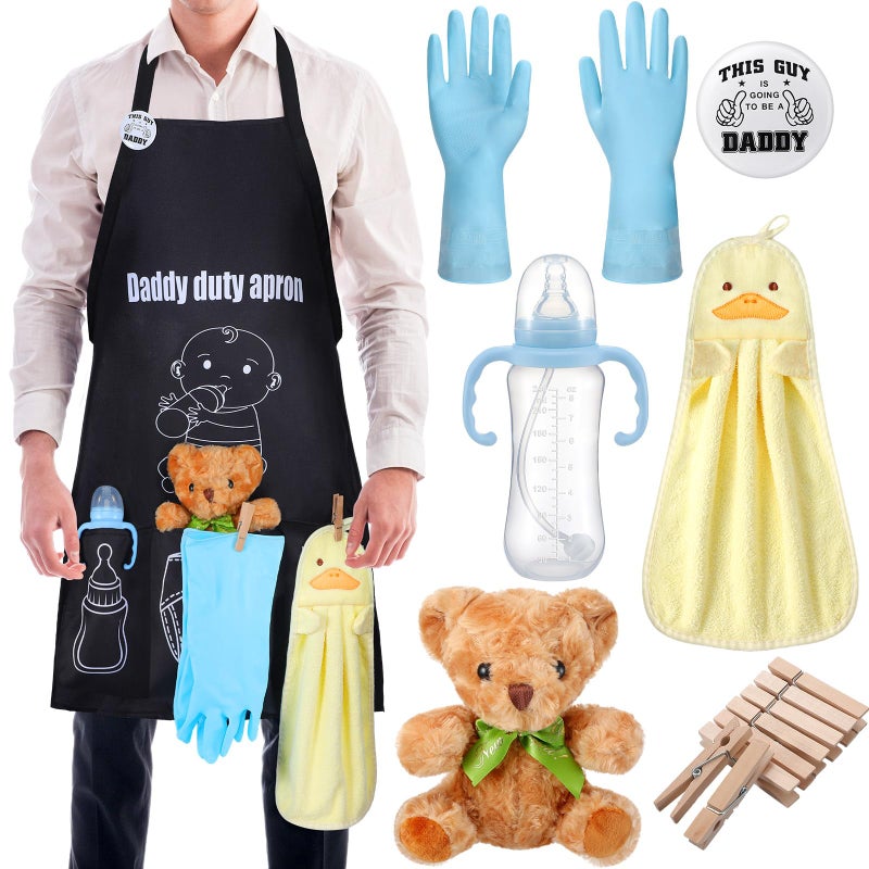 7 Pcs Daddy Duty Apron for Baby Shower Gifts New Dad Funny Black Diaper Apron for Baby Shower First Daddy to Be Fathers Day Christmas Gift