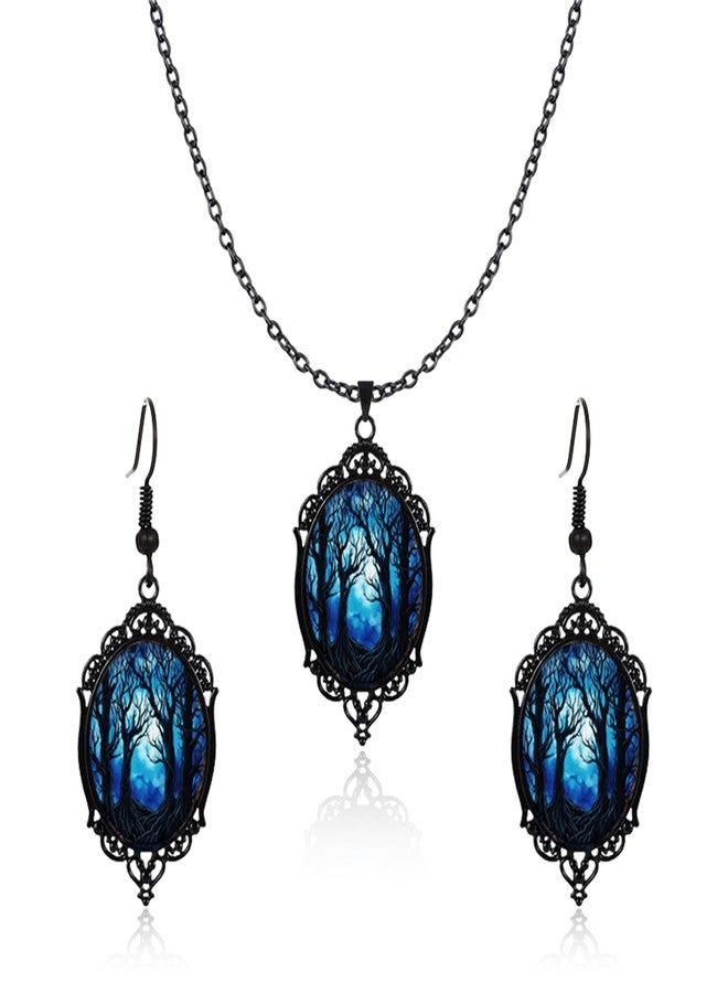 RLHRNDE Halloween Moon Magic Necklace Earrings Set for Women Forest Cameo Earrings Vintage Victorian Crystal Gem Crow Necklace Halloween Vampire Mystic Witch Costumes Jewelry Set Gifts (Forest) - Image 1