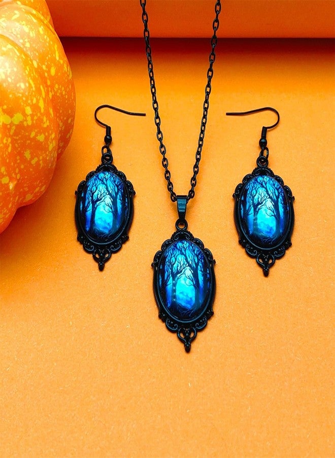RLHRNDE Halloween Moon Magic Necklace Earrings Set for Women Forest Cameo Earrings Vintage Victorian Crystal Gem Crow Necklace Halloween Vampire Mystic Witch Costumes Jewelry Set Gifts (Forest) - Image 5