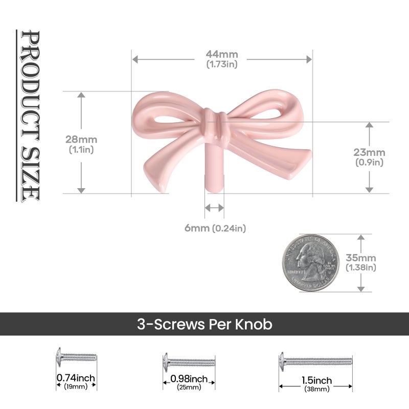 CEYMIO 8 Pack Pink Bow Dresser Knobs, Small Decorative Cabinet Drawer Pull Handles for Girls Bedroom and Nursery Room Decor - Image 2