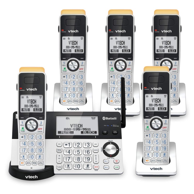 في تك هاتف VTech IS8151-5 اللاسلكي فائق المدى بخمس سماعات بتقنية DECT 6.0 للاستخدام المنزلي مع جهاز الرد الآلي، مدى يصل إلى 2300 قدم، مزود بخاصية حظر المكالمات، منفذ سماعة بلوتوث، منفذ سماعة رأس، بطارية احتياطية، نظام اتصال داخلي، قابل للتوسيع حتى 12 سماعة - Image 1