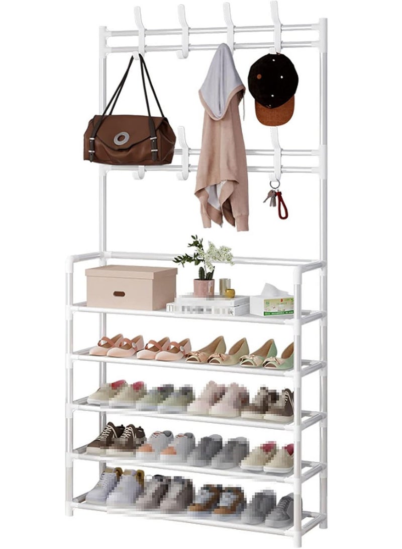 BLOOMING TIME 2 In 1 Shoe Rack And Coat Rack, Large Capacity, Simple Assembly, Can Hang Clothes, Hats And Shoes, White - Image 1