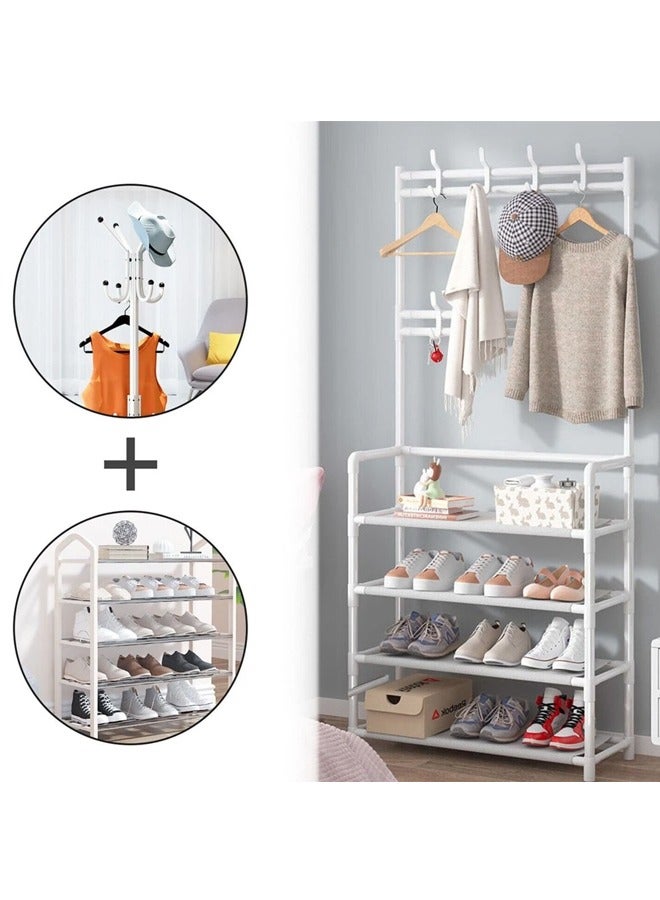 BLOOMING TIME 2 In 1 Shoe Rack And Coat Rack, Large Capacity, Simple Assembly, Can Hang Clothes, Hats And Shoes, White - Image 2